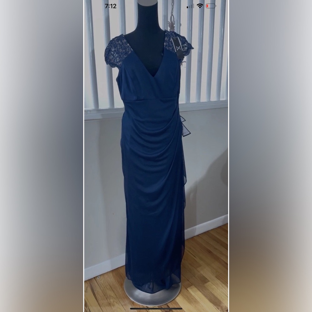 Xscape Navy Maxi Dress with Lace Sleeves - Picture 4 of 7